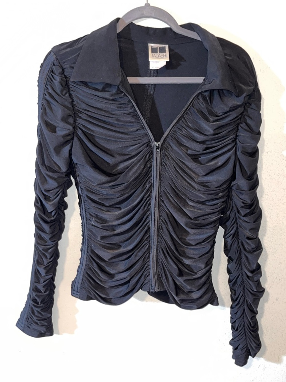 Tadashi Shoji Black Ruched Zip-Front Blouse